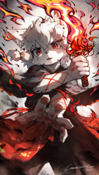 Size: 2160x3840 | Tagged: safe, artist:mag inu, canid, mammal, anthro, boy, cub, male, solo boy, solo cub, solo male, young, fire, fur, hair, kemono, kemoshota, looking at you, red eyes, solo, sword, weapon, white fur