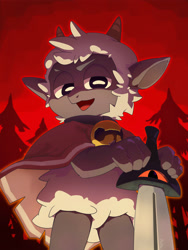 Size: 1800x2400 | Tagged: safe, artist:fultemounte, lamb (cult of the lamb), lamb, mammal, anthro, boy, cub, male, solo boy, solo cub, solo male, young, cult of the lamb, black fur, cape, forest, fur, horn, kemono, kemoshota, looking at you, looking down, looking down at you, nighttime, outdoors, solo, white fur