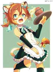 Size: 905x1228 | Tagged: safe, artist:piporinton, teo, felid, lion, mammal, boy, cub, femboy, male, solo boy, solo cub, solo male, young, world flipper, crossdressing, kemono, kemoshota, maid outfit, solo