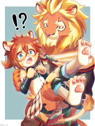 Size: 976x1294 | Tagged: safe, artist:piporinton, magnus, teo, felid, lion, mammal, adult, adult/cub, adult/young, anthro, anthro/anthro, boy, cub, femboy, male, male/male, man, man/boy, solo boy, solo cub, solo male, young, world flipper, age difference, blushing, crossdressing, duo, embarrassed, kemono, kemoshota, lifted, maid outfit, sweat