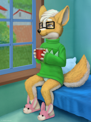 Size: 956x1280 | Tagged: safe, artist:jamesfoxbr, oc:riggles, canid, corgi, dog, mammal, anthro, boy, cub, male, solo boy, solo cub, solo male, young, indoors, raining, solo