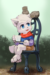 Size: 1642x2429 | Tagged: safe, artist:yojoo, oc:tatsuya ichiro, arctic fox, avian, canid, fox, mammal, owl, vulpine, anthro, boy, cub, male, plantigrade, solo boy, solo cub, solo male, young, beverage, blue eyes, clothing, daytime, fur, outdoors, shorts, solo, white fur
