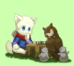 Size: 1160x1036 | Tagged: safe, artist:yojoo, oc:tatsuya ichiro, arctic fox, avian, canid, fox, mammal, owl, vulpine, anthro, boy, cub, feral, male, solo boy, solo cub, solo male, young, blue eyes, board game, chess, fur, group, playing game, solo, tail, white fur