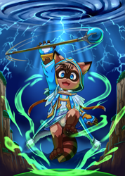 Size: 849x1192 | Tagged: safe, artist:yojoo, oc:takeru-kun, mammal, raccoon, anthro, boy, cub, male, plantigrade, solo boy, solo cub, solo male, young, blue eyes, briefs, brown fur, bulge, clothing, fantasy, fur, lightning, mage, pawpads, solo, storm, tail, underwear