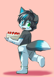 Size: 639x917 | Tagged: safe, artist:yojoo, oc:alexx jacob, canid, dog, fox, husky, mammal, anthro, boy, cub, male, solo boy, solo cub, solo male, young, birthday, briefs, cake, clothing, food, heterochromia, kemono, kemoshota, looking at you, looking back, looking back at you, looking over shoulder, smiling, socks, socks without shoes, solo, tail, topless, underwear