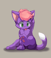 Size: 740x849 | Tagged: safe, artist:yojoo, oc:landis, cat, felid, mammal, anthro, boy, cub, male, solo boy, solo cub, solo male, young, green eyes, licking, licking self, purple fur, solo, tail, tongue out