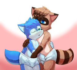 Size: 1088x992 | Tagged: suggestive, artist:yojoo, oc:takeru-kun, oc:winter wolfy, canid, dog, husky, mammal, raccoon, wolf, boy, boy/boy, cub, cub/cub, male, male/male, young, young/young, blue eyes, blue hair, briefs, brown fur, clothing, duo, foreplay, fur, green eyes, hair, handjob, kemono, kemoshota, multicolored hair, one eye closed, tan fur, topless, underwear, undressing each other, white fur