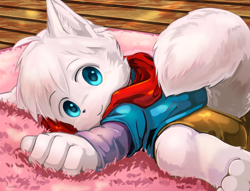 Size: 970x743 | Tagged: safe, artist:yojoo, oc:tatsuya ichiro, arctic fox, canid, fox, mammal, vulpine, anthro, boy, cub, male, solo boy, solo cub, solo male, young, blue eyes, fur, hair, looking at you, lying, on front, solo, white fur