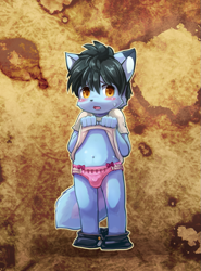 Size: 715x968 | Tagged: suggestive, artist:yojoo, oc:sepfy, canid, fox, mammal, wolf, anthro, boy, cub, male, plantigrade, solo boy, solo cub, solo male, young, amber eyes, blue fur, blushing, bulge, clothing, embarrassed, fur, navel, open mouth, panties, shirt lift, shoes, solo, tail, underwear, undressing, undressing self