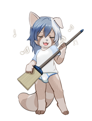 Size: 847x1112 | Tagged: safe, artist:yojoo, oc:rvyne, ailurid, mammal, red panda, anthro, boy, cub, male, solo boy, solo cub, solo male, young, air guitar, briefs, broomstick, broomstick guitar, clothing, fur, hair, music, solo, standing, underwear