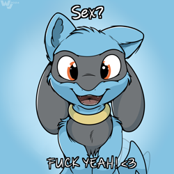 Size: 2000x2000 | Tagged: suggestive, artist:whyvern, fictional species, mammal, pokemon (species), riolu, anthro, boy, cub, male, solo boy, solo cub, solo male, young, pokémon, digital, 2024, english text, fur, hair, looking at you, meme, open mouth, smiling, solo, tail, text, wagging tail