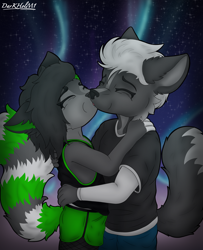 Size: 2600x3200 | Tagged: safe, artist:darkholm1, oc:alix, oc:ryan (darkholm1), canid, fox, hybrid, mammal, raccoon, wolf, anthro, anthro/anthro, boy, boy/boy, boys only, cub, cub/cub, cubs only, male, male/male, males only, teen, young, young/young, aurora borealis, duo, kissing, nighttime