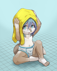 Size: 818x1006 | Tagged: safe, artist:yojoo, oc:rvyne, anthro, chubby, cub, male, plantigrade, young, blue hair, briefs, clothing, hair, navel, on ground, septum piercing, sitting, tail, topless, underwear, wet