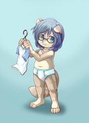 Size: 818x1122 | Tagged: safe, artist:yojoo, oc:rvyne, anthro, boy, cub, male, plantigrade, solo boy, solo cub, solo male, young, blue eyes, blue hair, bulge, clothing, fur, glasses, hair, navel, solo, standing, tail, tan fur, topless, underwear