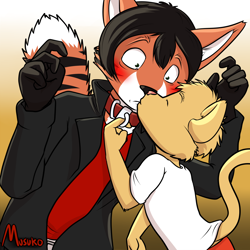 Size: 1280x1280 | Tagged: safe, artist:musuko42, oc:musuko, oc:valheru ashen, canid, cat, felid, fox, hybrid, mammal, tiger, tigerfox, adult, adult/cub, adult/young, anthro, anthro/anthro, boy, cub, male, male/male, males only, man, man/boy, cel shaded, digital, age difference, black fur, blushing, clothing, collar, embarrassed, fur, jacket, kissing, orange fur, stripes, white fur