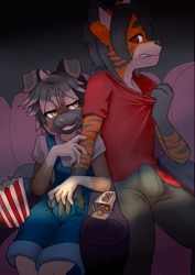 Size: 2480x3508 | Tagged: suggestive, artist:nakku, oc:bagel (valheruashen), oc:valheru ashen, canid, dog, felid, fox, german shepherd, hybrid, mammal, tiger, tigerfox, adult, adult/cub, adult/young, anthro, anthro/anthro, boy, cub, male, male/male, man, man/boy, young, age difference, amber eyes, bagel, black fur, brown fur, candy, cub dom, dom, duo, floppy ear, food, fur, groping, hair, movie theater, multicolored hair, orange fur, overalls, popcorn, public play, role reversal, shy, sitting, stripes, tan fur