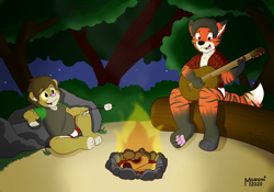 Size: 4000x2800 | Tagged: safe, artist:moroni, oc:moroni, oc:valheru ashen, big cat, canid, felid, fox, hybrid, lion, mammal, tiger, tigerfox, adult, cub, male, young, campfire, camping, clothing, fire, guitar, marshmallow, music, nighttime, outdoors, relaxed, starry sky, underwear