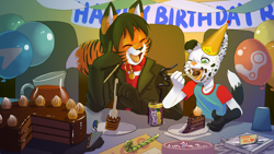 Size: 2560x1440 | Tagged: safe, artist:nakku, artist:valheruashen, oc:riley pup, oc:valheru ashen, border collie, canid, dalmatian, dog, felid, fox, hybrid, mammal, tiger, tigerfox, adult, adult/cub, adult/young, anthro, anthro/anthro, boy, cub, male, male/male, males only, man, man/boy, young, age difference, balloon, birthday, birthday cake, birthday gift, birthday party, black fur, cake, candy, cd, celebration, collar, dipstick tail, duo, eating, eyes closed, food, fur, gift, green eyes, juice, orange fur, party, phone, present, smiling, stripes, tail, white fur