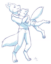 Size: 1167x1467 | Tagged: safe, artist:aogami, oc:pentrep, oc:samaliel, arctic fox, canid, fox, mammal, vulpine, boy, cub, male, male/male, teen, young, brothers, hug, siblings