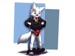 Size: 1600x1200 | Tagged: safe, artist:furrychrome, oc:pentrep, arctic fox, canid, dog, fox, mammal, vulpine, anthro, boy, cub, male, plantigrade, young, baggy clothing, briefs, bulge, clothing, colored briefs, necktie, oversized clothing, pants around ankles, pattern underwear, suit, underwear