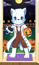 Size: 1234x2048 | Tagged: safe, artist:kake0078, oc:pentrep, arctic fox, canid, dog, fox, mammal, vulpine, anthro, boy, cub, male, plantigrade, solo boy, solo cub, solo male, young, halloween, holiday, alchemist, blue eyes, costume, historical, nighttime, solo, through door view, trick or treating, victorian