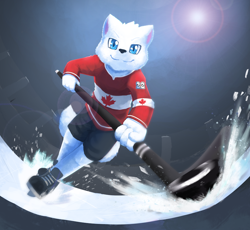 Size: 920x845 | Tagged: safe, artist:kake0078, oc:pentrep, arctic fox, canid, fox, mammal, vulpine, anthro, boy, cub, male, plantigrade, solo boy, solo cub, solo male, young, canada, clothing, hockey, solo, sports, uniform