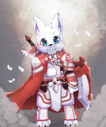 Size: 1536x1847 | Tagged: safe, artist:kake0078, oc:pentrep, arctic fox, canid, fox, mammal, vulpine, anthro, boy, cub, male, solo boy, solo cub, solo male, young, blue eyes, blushing, costume, fur, historical, kemono, kemoshota, knight, medieval, outdoors, shield, solo, sword, weapon, white fur