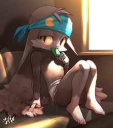Size: 750x848 | Tagged: safe, artist:shaolin bones, klonoa, cat, felid, hybrid, lagomorph, mammal, rabbit, anthro, boy, cub, male, plantigrade, solo boy, solo cub, solo male, young, klonoa series, amber eyes, bandana, black fur, clothing, eating, feet, fur, holding food, holding popsicle, kemono, kemoshota, long ears, looking at you, nipples, popsicle, popsicle in mouth, solo, topless, underwear, white fur