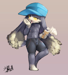 Size: 1224x1344 | Tagged: suggestive, artist:shaolin bones, klonoa, cat, hybrid, mammal, rabbit, anthro, boy, cub, male, plantigrade, solo boy, solo cub, solo male, young, klonoa series, amber eyes, black fur, bulge, clothing, eating, feet, food, fur, hat, holding food, ice cream, kemono, kemoshota, long ears, looking at you, nipples, popsicle, solo, spats, topless, underwear, white fur