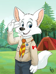 Size: 615x800 | Tagged: safe, artist:paco, oc:pentrep, arctic fox, canid, fox, mammal, vulpine, boy, cub, male, solo boy, solo cub, solo male, young, cub scouts, blue eyes, canada, clothing, solo, uniform