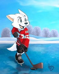 Size: 768x965 | Tagged: safe, artist:paco, oc:pentrep, arctic fox, canid, fox, mammal, vulpine, anthro, boy, cub, male, plantigrade, young, cel shaded, digital, blue eyes, canada, clothing, daytime, fang, fur, hockey, ice skating, outdoors, sports, teeth, uniform, white fur, winter