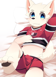 Size: 1040x1440 | Tagged: suggestive, artist:nekojita kagu, oc:pentrep, arctic fox, canid, fox, mammal, vulpine, boy, cub, male, young, barefoot, bed, blue eyes, blushing, boxer-briefs, boxers, bulge, clothing, fang, feet, fur, hockey, looking at you, looking up, looking up at you, lying, on back, on bed, pajamas, paws, sleepwear, sports, tail, teeth, underwear, white fur