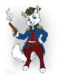 Size: 800x1000 | Tagged: safe, artist:princess reimina, oc:pentrep, arctic fox, canid, dog, fox, mammal, vulpine, anthro, boy, cub, male, young, blue eyes, blushing, clothing, costume, gun, hat, historical, military uniform, navy, pirate, pistol, uniform, weapon