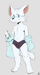 Size: 1653x3029 | Tagged: suggestive, artist:bubbleglass, colorist:pentrep, oc:pentrep, arctic fox, canid, dog, fox, mammal, vulpine, boy, cub, male, solo boy, solo cub, solo male, young, blue eyes, briefs, bulge, clothing, fur, getting dressed, lab coat, science, smiling, solo, tail, underwear, white fur