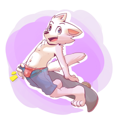 Size: 1200x1262 | Tagged: suggestive, artist:rexin, oc:pentrep, arctic fox, canid, dog, fox, mammal, vulpine, anthro, boy, cub, male, plantigrade, solo boy, solo cub, solo male, young, cel shaded, colored, digital, blue eyes, bulge, clothing, flashing underwear, fur, open fly, skateboard, skateboarding, smiling, solo, sports, underwear, white fur