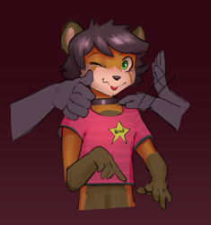 Size: 1205x1280 | Tagged: safe, artist:twang, ailurid, mammal, red panda, anthro, boy, boy focus, femboy, male, slender, teen, twink, young, digital, 2019, brown fur, choker, clothing, crop top, disembodied hand, ears, fur, green eyes, hair, looking at you, one eye closed, orange fur, solo, solo focus, winking, young focus