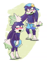 Size: 1269x1668 | Tagged: suggestive, artist:rexin, klonoa, cat, hybrid, mammal, rabbit, anthro, boy, cub, male, plantigrade, solo boy, solo cub, solo male, young, klonoa series, traditional, ball cap, black fur, embarrassed, eyes closed, fur, hat, long ears, multiple poses, nipples, nudity, shorts, smiling, solo, undressing, undressing self, white fur, winking