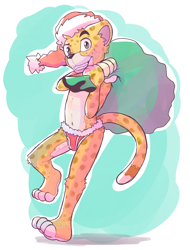 Size: 2600x3421 | Tagged: safe, artist:rexin, felid, mammal, anthro, boy, cub, male, plantigrade, solo boy, solo cub, solo male, young, fur, navel, orange fur, santa hat, solo, tail
