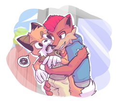 Size: 817x675 | Tagged: safe, artist:rexin, canid, fox, mammal, red fox, boy, boy/boy, male, male/male, young, young/young, anger, blushing, brown fur, clothing, duo, fur, hoodie, mohawk, orange fur