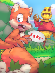 Size: 1000x1333 | Tagged: safe, artist:rexin, conker, mammal, rodent, squirrel, anthro, boy, cub, male, solo boy, solo cub, solo male, young, conker's bad fur day, blushing, butt, fur, nudity, orange fur, outdoors, solo, white fur