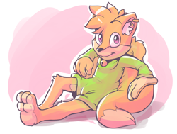 Size: 1200x908 | Tagged: safe, artist:rexin, canid, fox, mammal, red fox, anthro, boy, cub, male, plantigrade, solo boy, solo cub, solo male, young, bell, dipstick tail, earring, fur, leaning back, looking at you, onesie, orange fur, solo, tail