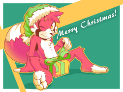 Size: 2000x1500 | Tagged: safe, artist:rexin, oc:rexin, canid, fox, mammal, red fox, anthro, boy, cub, male, plantigrade, solo boy, solo cub, solo male, young, christmas, holiday, amber eyes, dipstick tail, featureless chest, fur, nudity, red fur, santa hat, solo, tail, white fur, winking