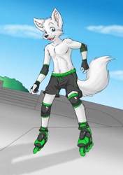 Size: 900x1280 | Tagged: safe, artist:kit hawkins, oc:pentrep, arctic fox, canid, fox, mammal, vulpine, anthro, boy, cub, male, plantigrade, solo boy, solo cub, solo male, young, clothing, daytime, fur, looking at you, navel, outdoors, rollerskating, smiling, solo, sports, topless, white fur