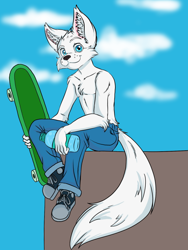 Size: 600x800 | Tagged: safe, artist:kit hawkins, oc:pentrep, arctic fox, canid, fox, mammal, vulpine, anthro, boy, cub, male, plantigrade, solo boy, solo male, solo teen, teen, young, daytime, outdoors, skateboard, solo