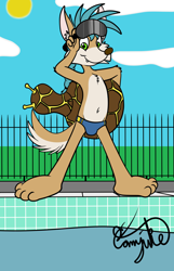 Size: 1464x2272 | Tagged: safe, artist:comjuke, oc:jacko (comjuke), canid, jackal, mammal, anthro, boy, cub, male, plantigrade, solo boy, solo cub, solo male, young, colored, flat colored, bulge, clothing, navel, pool edge, public pool, solo, speedo, swimming pool, swimsuit