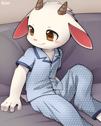Size: 1278x1600 | Tagged: safe, artist:unrealplace, goat, mammal, ungulate, boy, cub, male, solo boy, solo cub, solo male, young, series:one week one underwear, blushing, kemono, kemoshota, pajamas, sleepwear, solo