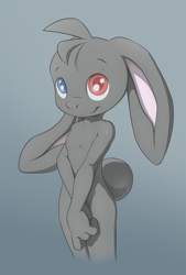 Size: 1352x2000 | Tagged: safe, artist:minum, oc:minum, lagomorph, mammal, rabbit, anthro, boy, cub, male, solo boy, solo cub, solo male, young, black fur, featureless chest, fur, heterochromia, nudity, smiling, solo, tail