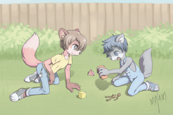 Size: 2000x1324 | Tagged: safe, artist:minum, canid, fox, mammal, red fox, wolf, anthro, boy, boy/boy, boys only, cub, cub/cub, cubs only, male, male/male, males only, plantigrade, young, young/young, blonde hair, daytime, dipstick tail, duo, hair, kneeling, on ground, outdoors, overalls, playing, shoes, sneakers, tail