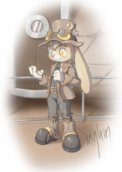Size: 1414x2000 | Tagged: safe, artist:minum, oc:cfc, lagomorph, mammal, rabbit, anthro, boy, cub, male, solo boy, solo cub, solo male, young, clothing, hat, kemono, kemoshota, solo, standing, steampunk