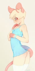 Size: 598x1216 | Tagged: safe, artist:doxy, oc:biscuit, mammal, mouse, rat, rodent, anthro, boy, femboy, male, slender, solo boy, solo male, solo teen, teen, twink, young, blushing, butt, glasses, lingerie, shy, solo, standing, tail, white fur